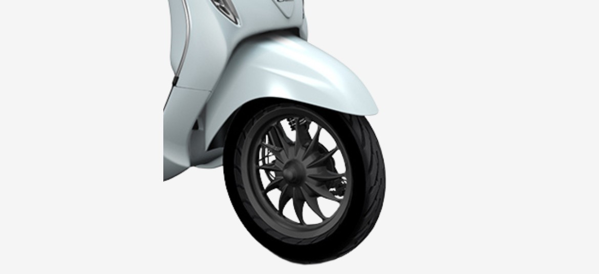 Bajaj Chetak electric scooter front wheel and shiny mud guard