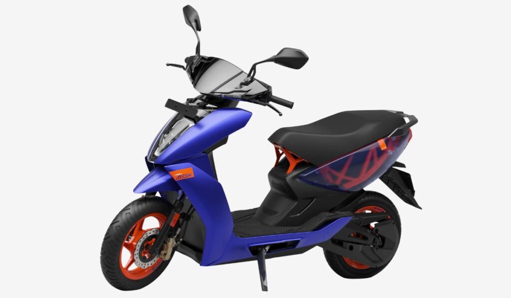 Ather 450 Apex electric scooter side view in blue color with orange alloy wheels