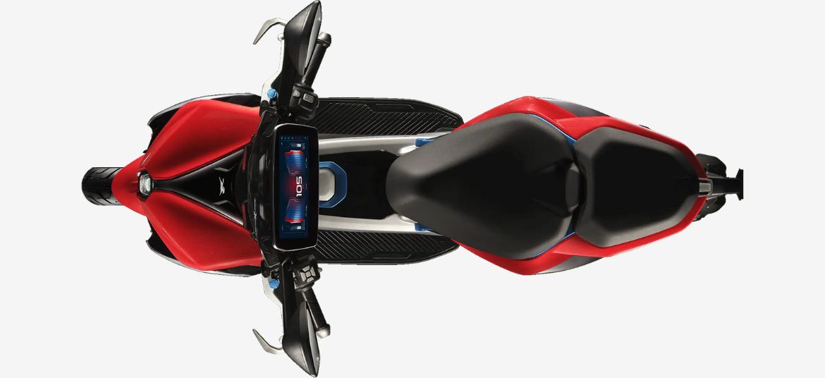 TVS X electric scooter top view showing handlebar and seat design