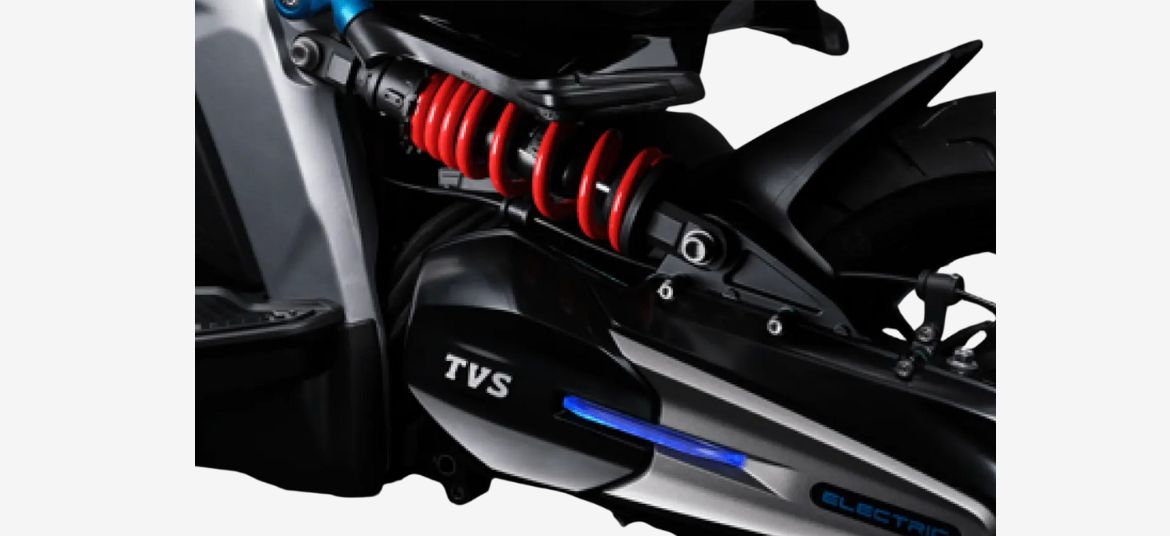 TVS X electric scooter rear suspension close-up