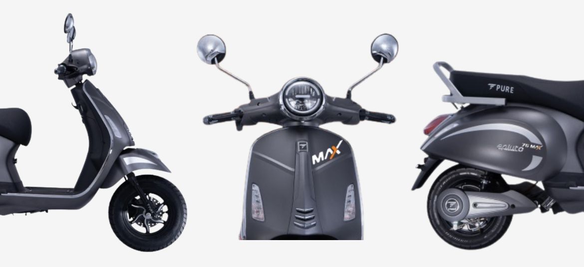 PURE EV ePluto 7G Max electric scooter showing front, side and rear views