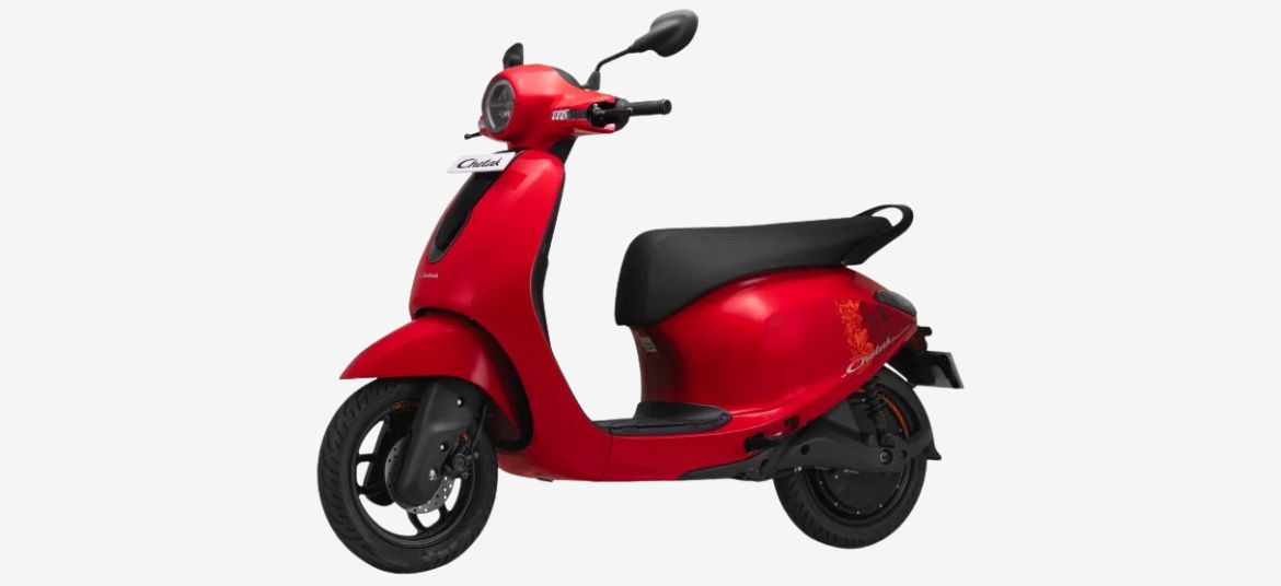 Bajaj Chetak C2501 electric scooter in Racing Red colour. Bajaj Chetak C2501 electric scooter in Racing Red colour. Racing Red Colour.