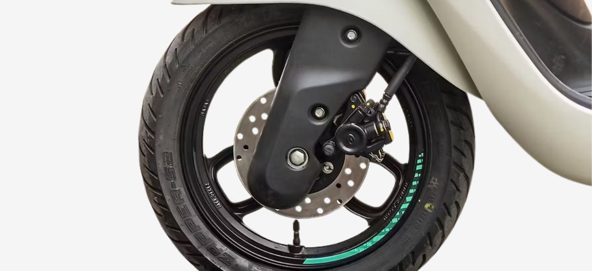 Front disc brake and alloy wheel of Bajaj Chetak C2501 electric scooter