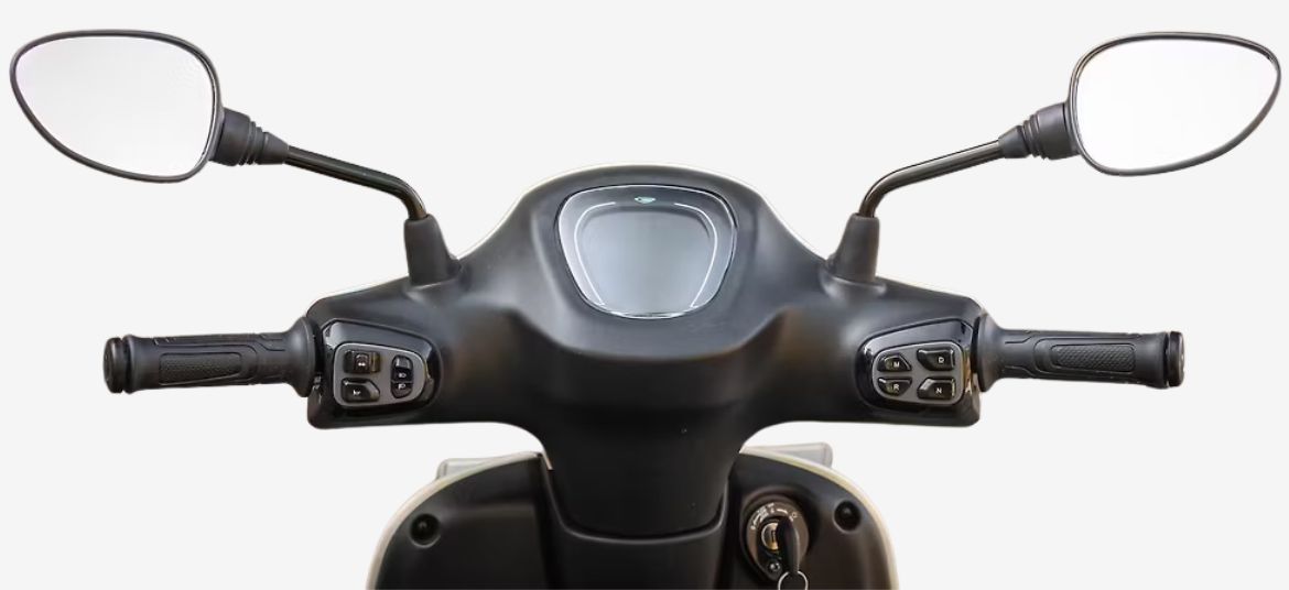 Rider perspective view from seat of Bajaj Chetak C2501 electric scooter