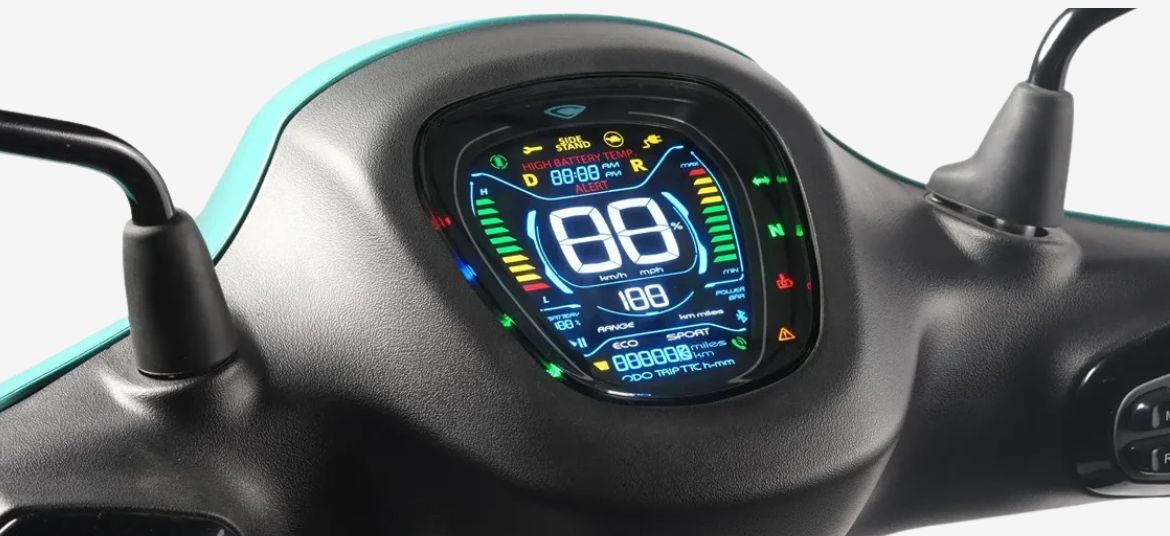 Bajaj Chetak C2501 digital instrument cluster showing speed, battery level and riding information