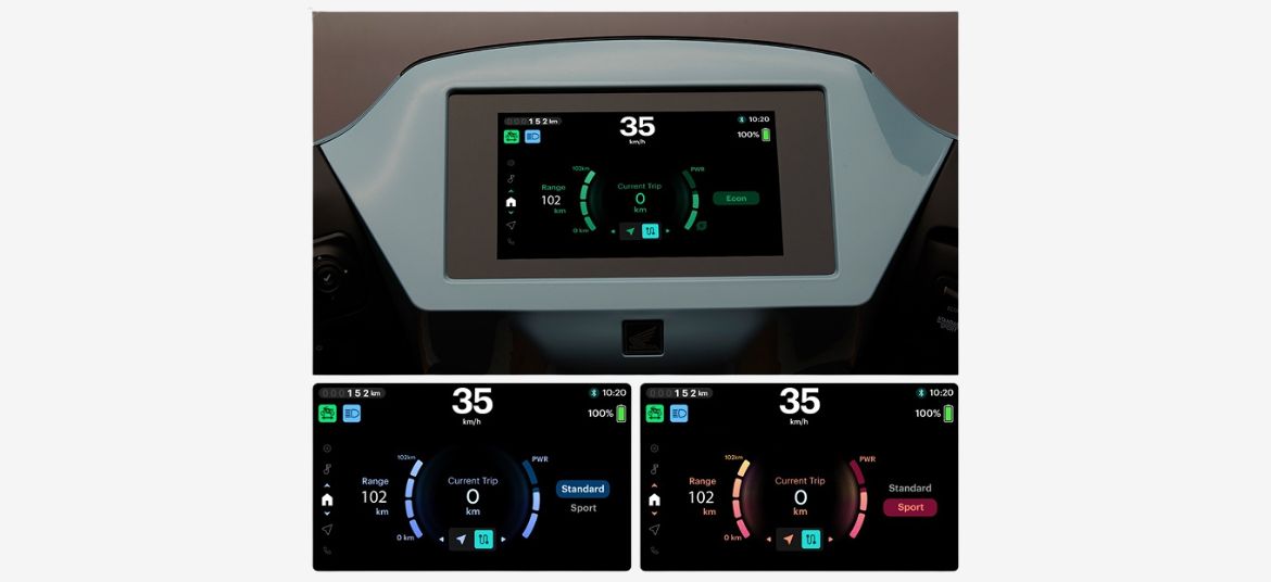 Honda Activa e RoadSync Duo TFT digital instrument cluster with riding modes and navigation support and Econ, Standard, and Sports driving modes