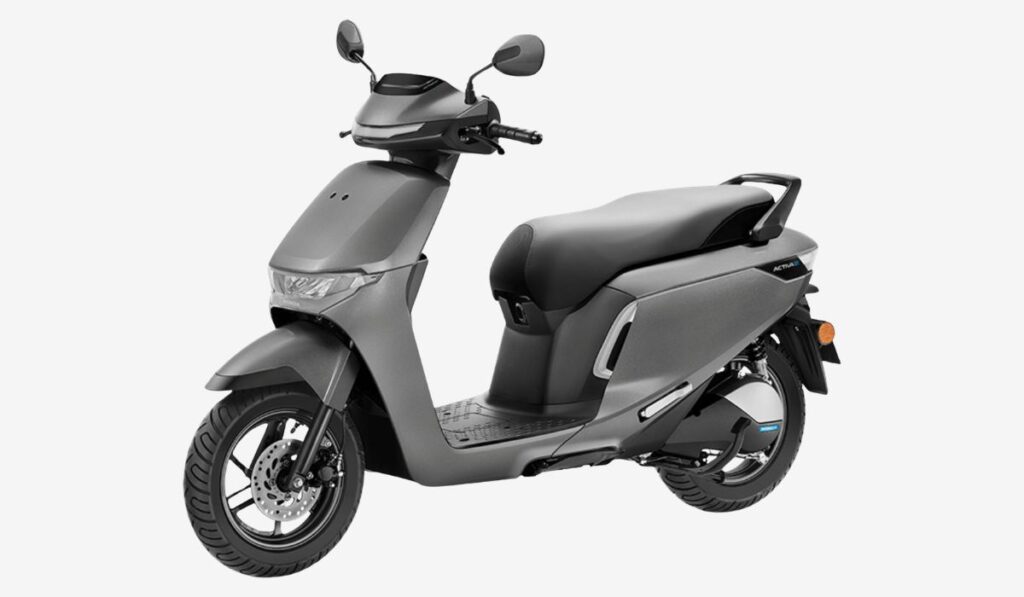 Honda Activa e electric scooter front three quarter view in Matt Foggy Silver Metallic colour