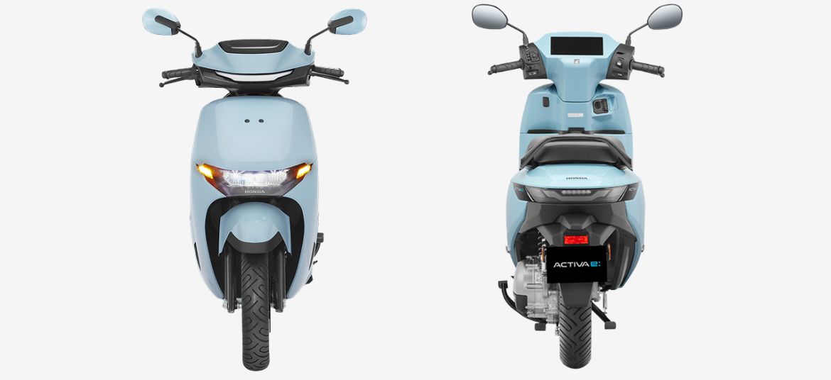 Honda Activa e electric scooter front and rear view highlighting LED lighting design