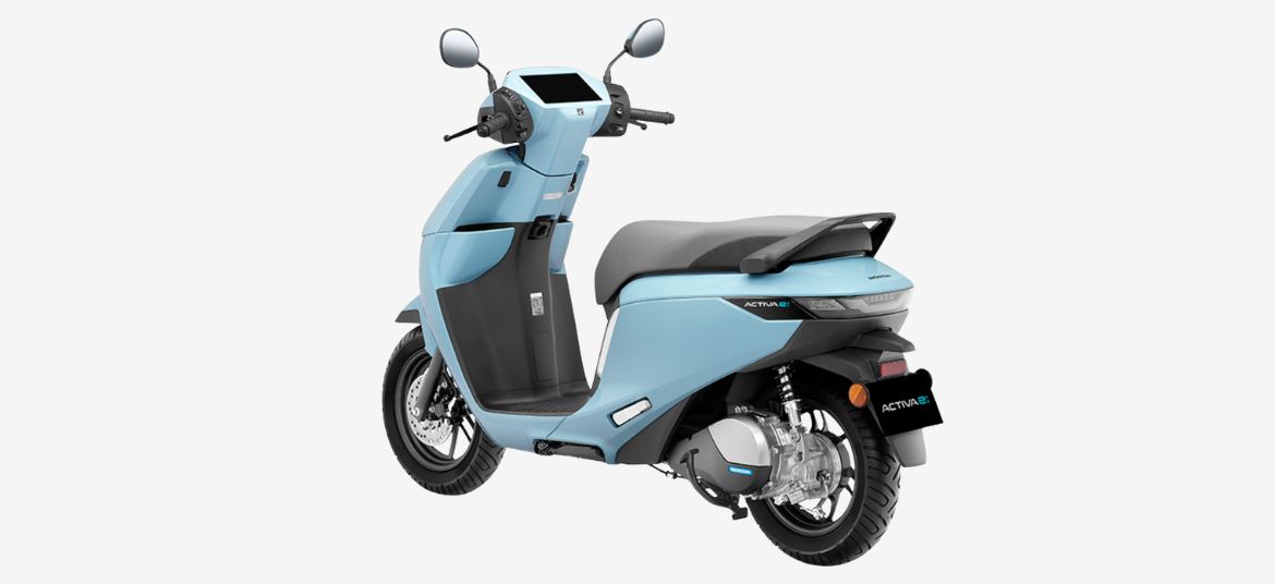 Honda Activa e electric scooter rear three quarter view in Pearl Shallow Blue colour