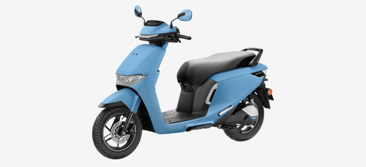 Honda Activa e electric scooter side view in Pearl Serenity Blue colour