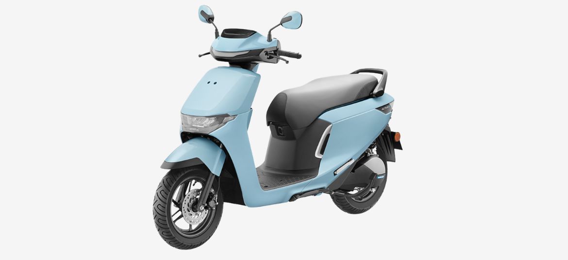 Honda Activa e electric scooter side view in Pearl Shallow Blue colour
