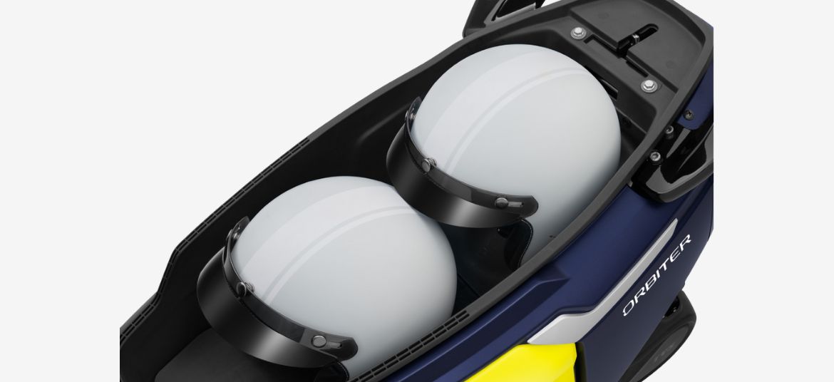 TVS Orbitor electric vehicle lage boot space with two helmets