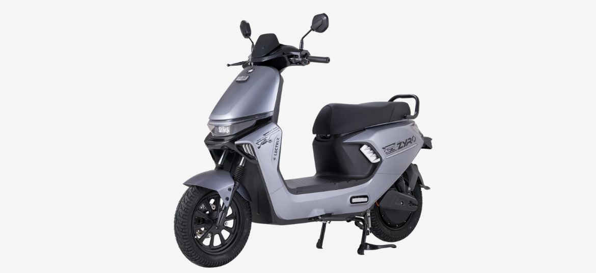 Lectrix ZYRO LA 48V silver electric scooter side view with minimalistic styling and compact frame