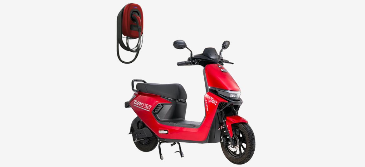Lectrix ZYRO LA 48V red electric scooter parked beside wall mounted EV charger for home charging