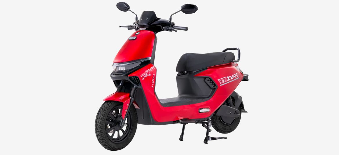 Lectrix ZYRO LA 60V red electric scooter full side profile with sleek LED headlamp and compact urban design