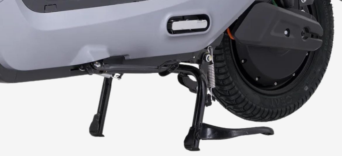 Lectrix ZYRO LA 60V Silver electric scooter stand section close up with side stand, main stand and pillion footrest
