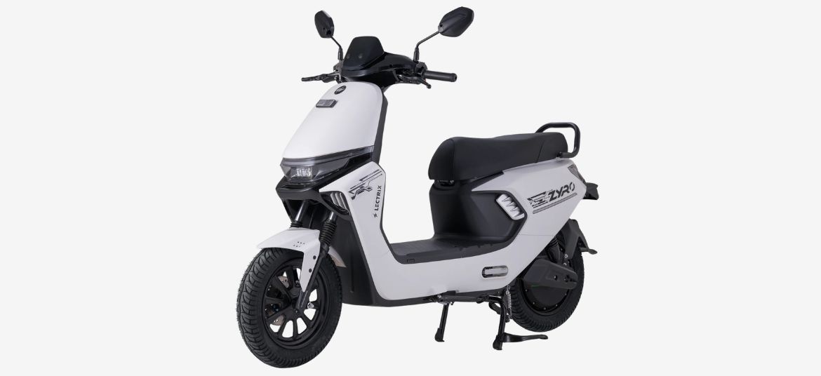 Lectrix ZYRO LA 48V white electric scooter side view with modern body design and comfortable city riding posture