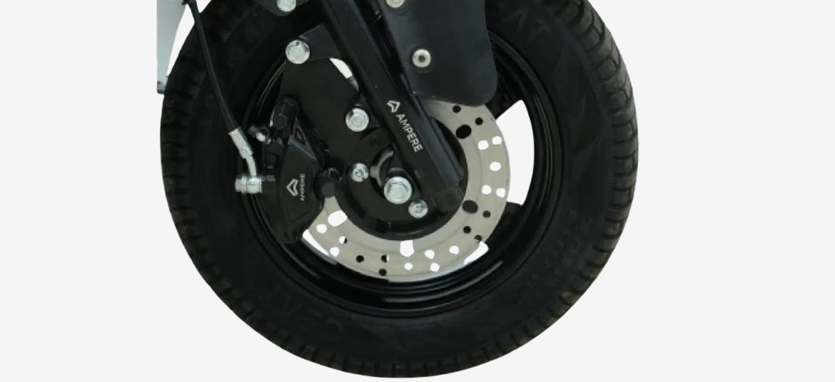 Ampere Reo 80 electric scooter front brake system and alloy wheel detail