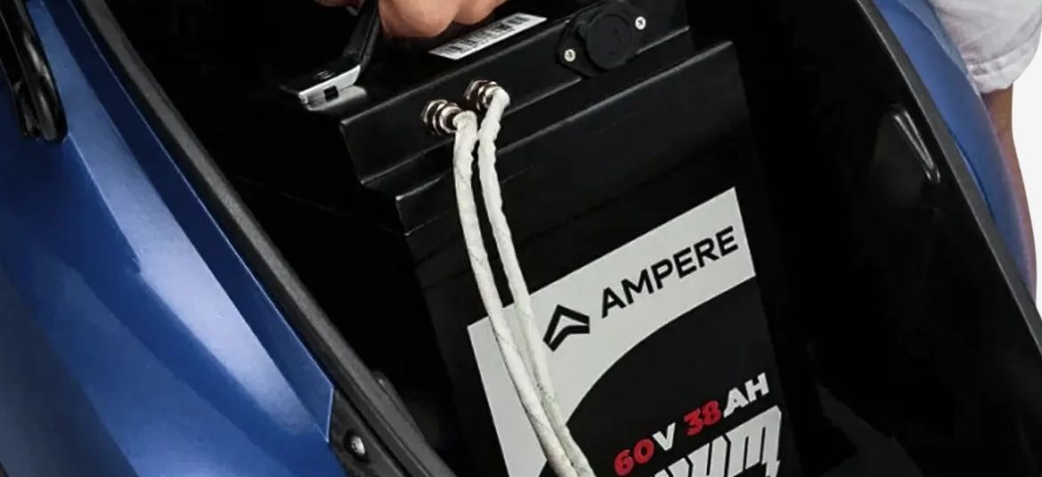 Ampere Magnus Neo battery setup India lithium ion electric scooter battery performance and range details