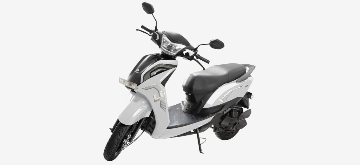 Ampere Magnus Neo glacial white front side view electric scooter India stylish EV design