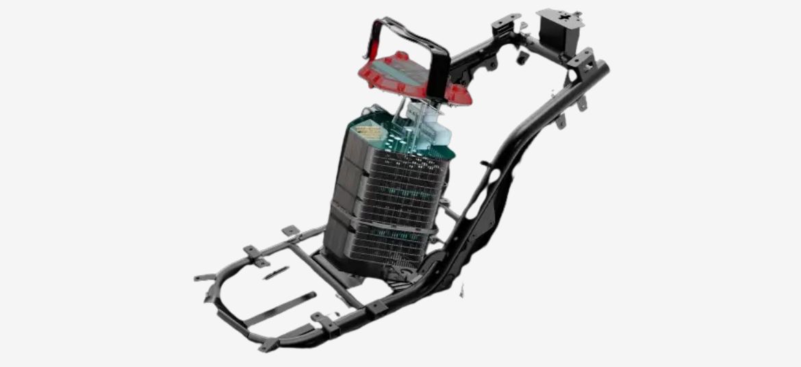 Ampere Nexus ST battery and chassis layout showing battery capacity and structural design of the electric scooter