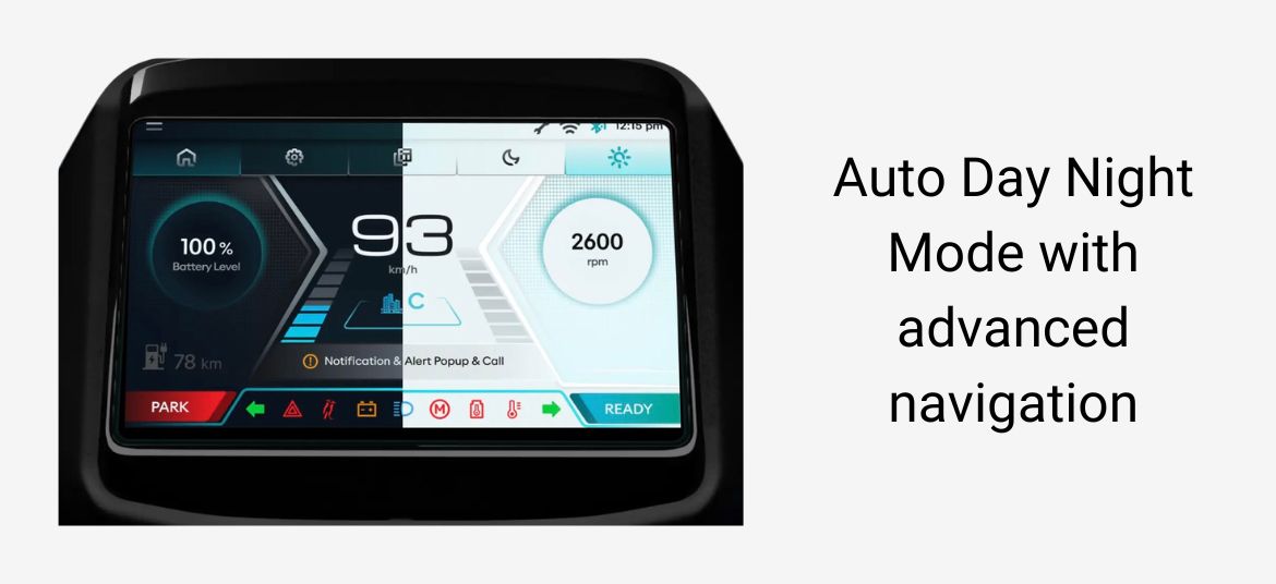 Ampere Nexus ST display with auto day night mode for better visibility and smart riding features