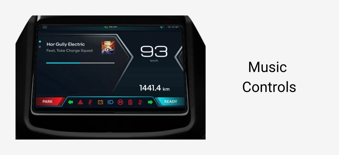 Ampere Nexus ST touchscreen display showing music control feature and connected smart scooter technology