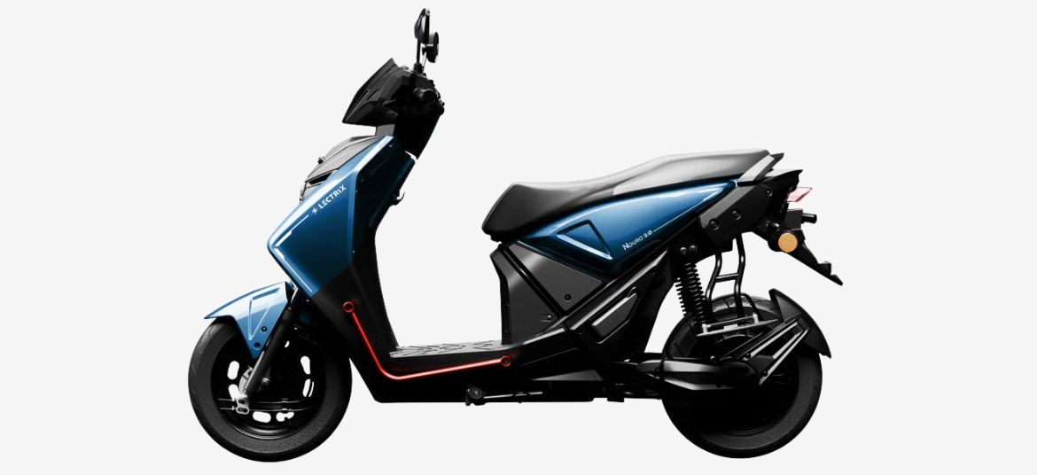 Lectrix NDuro 2.0 electric scooter in Cosmic Blue colour with sleek body panels, long seat and practical footboard design for urban riders