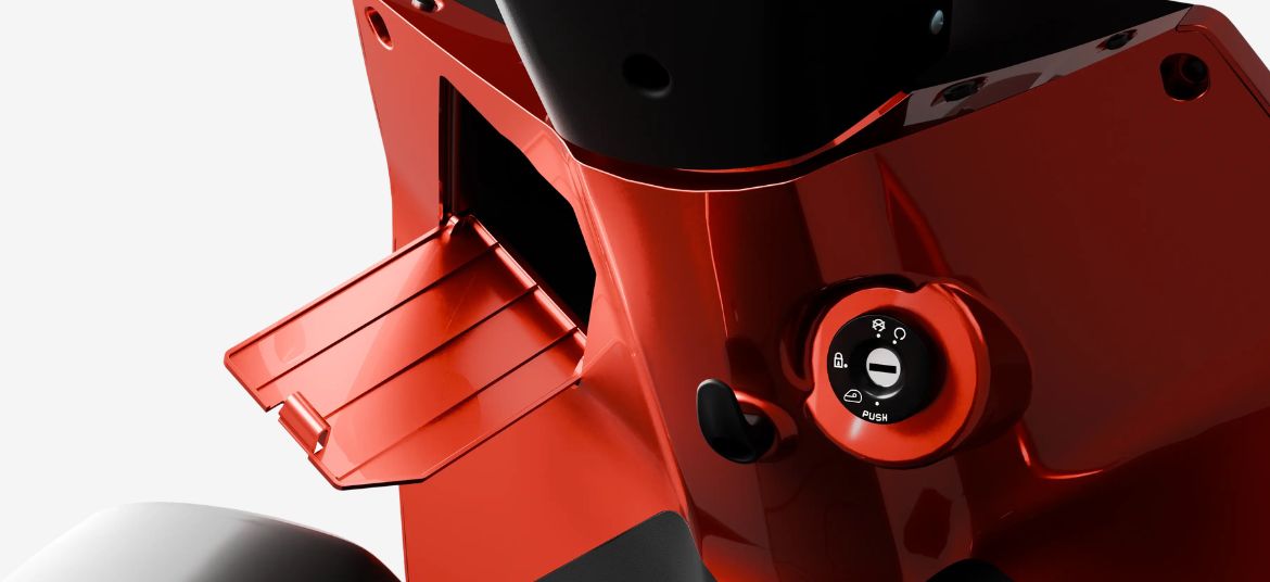 Lectrix NDuro 2.0 front glove box and key ignition area with practical storage design