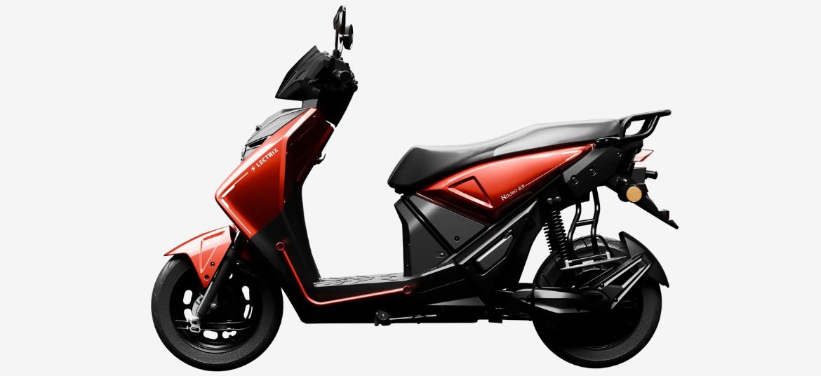 Lectrix NDuro 2.0 electric scooter in Solar Red colour side view with LED headlamp, digital display and modern sporty body design for city commuting in India