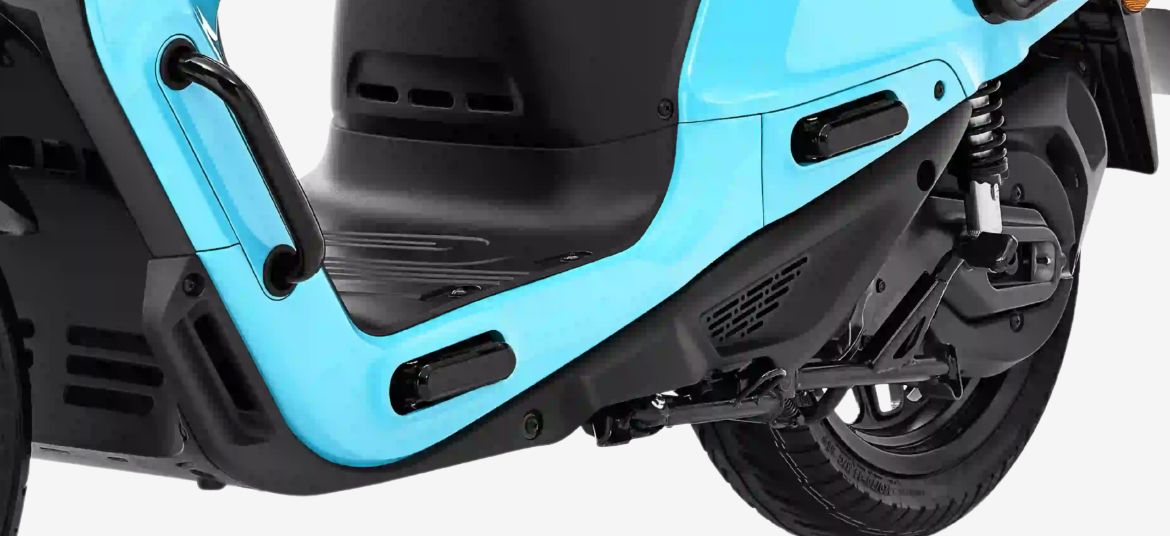 River Indie electric scooter dual footrests for rider and pillion comfort