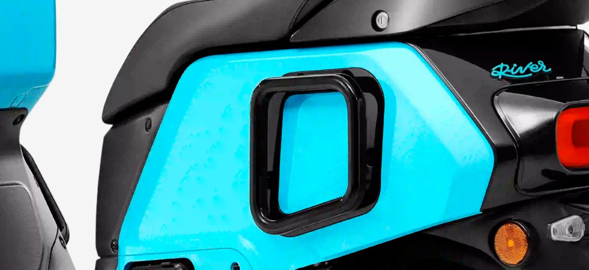 River Indie electric scooter side luggage mounting point utility feature